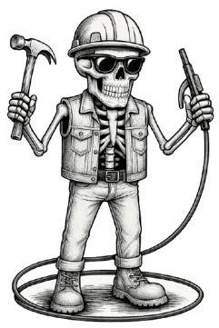 Asterisk LLC skeleton mascot with a hammer and air hose