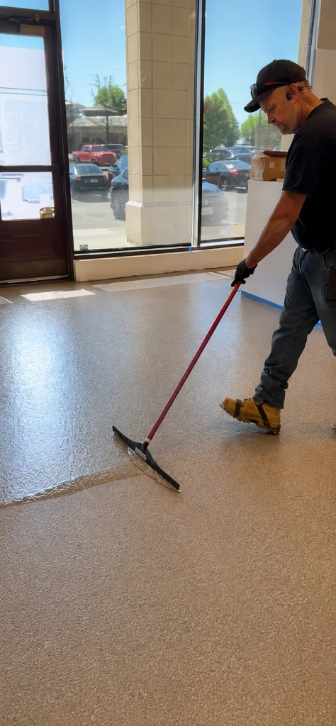 Crew member pulling the clear coat across the flake floor
