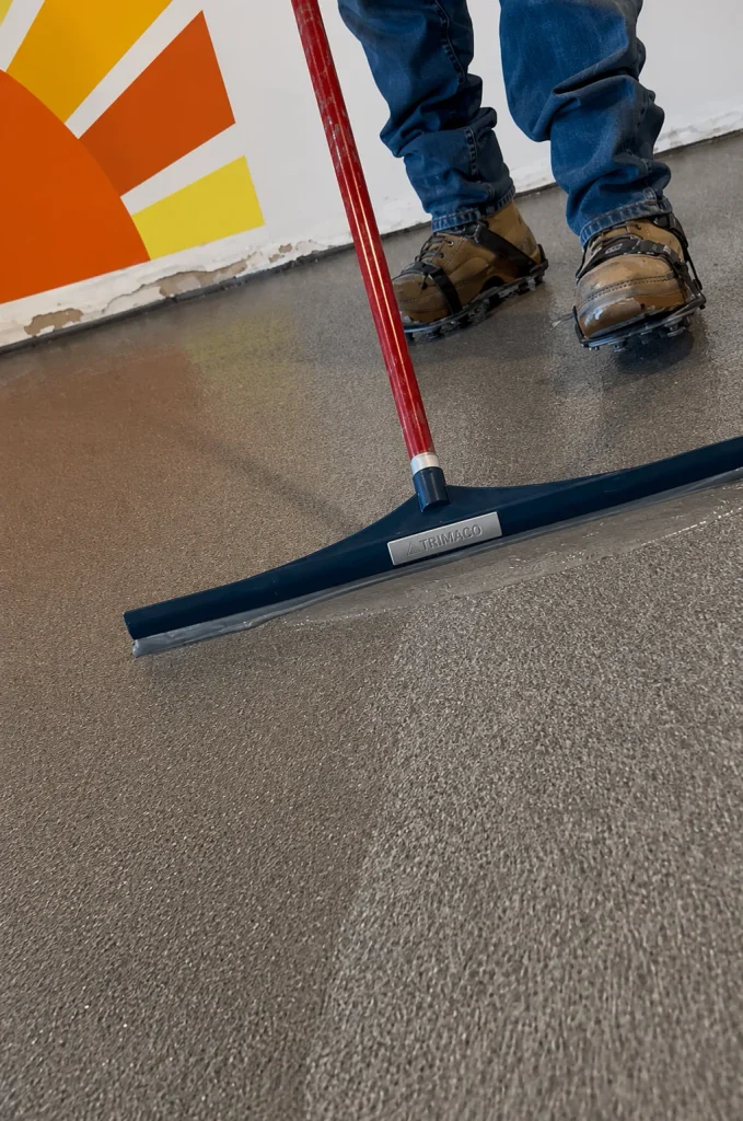 Clear topcoat being spread over the flake layer with a squeegee